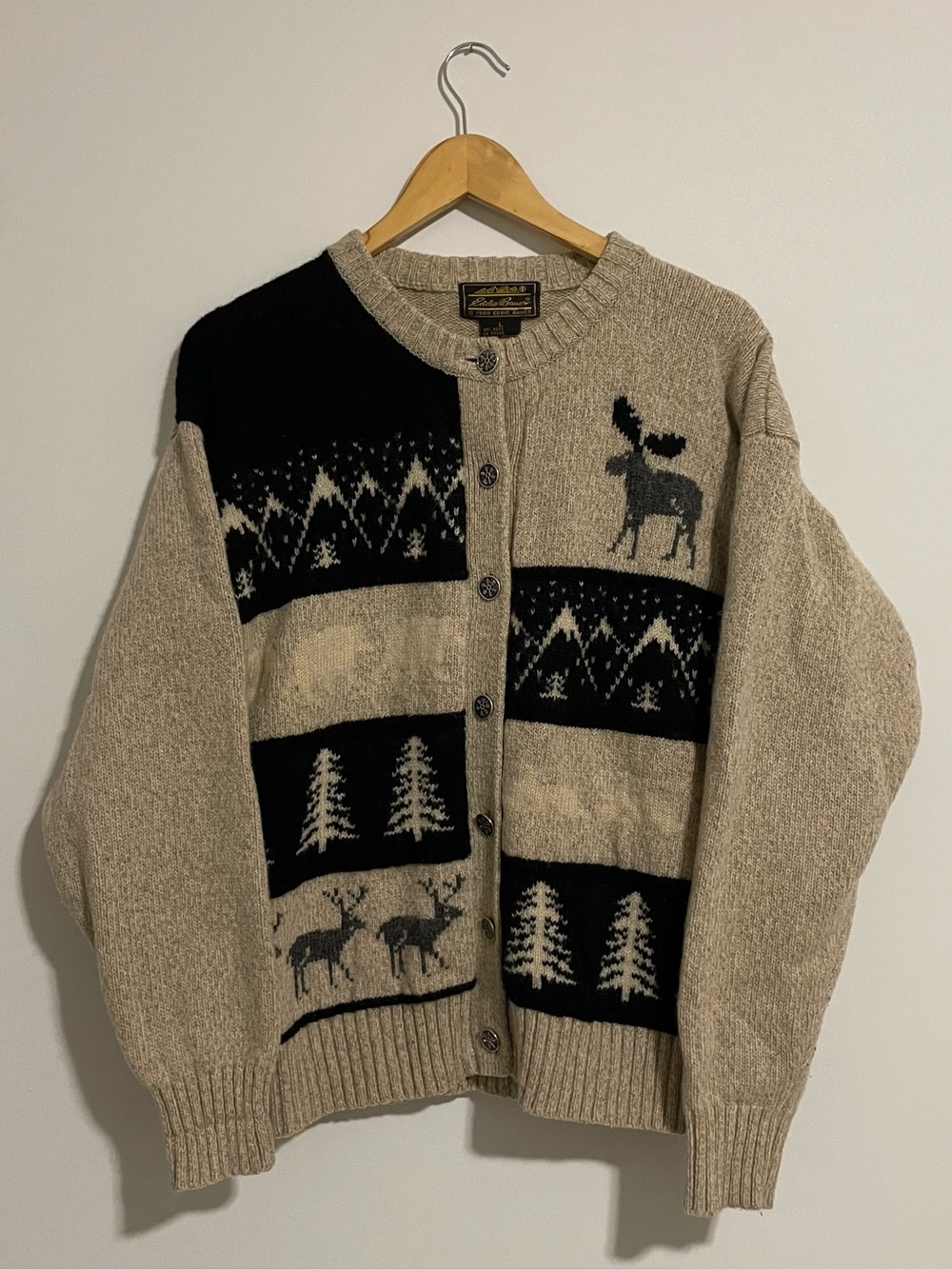 Vintage Eddie Bauer Women’s Knit Wool Moose Trees Nordic Cardigan Sweater Size L